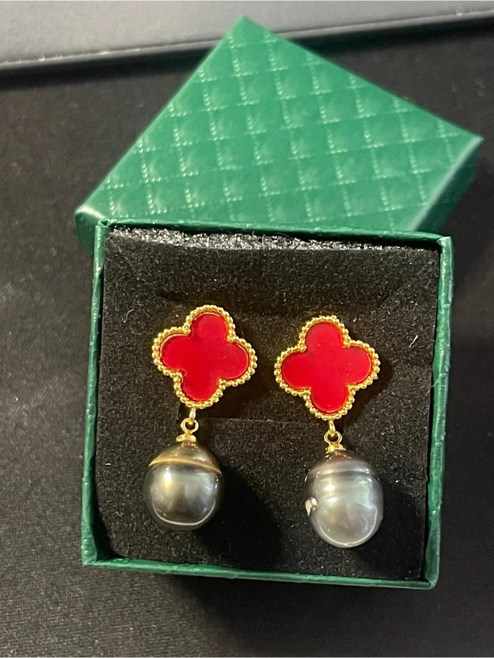 New Red Clover Drop Earrings with Gray South Sea Pearl Dangles
